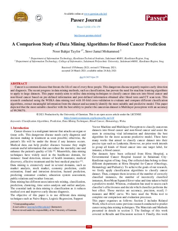 (PDF) A Comparison Study of Data Mining Algorithms for Blood Cancer ...