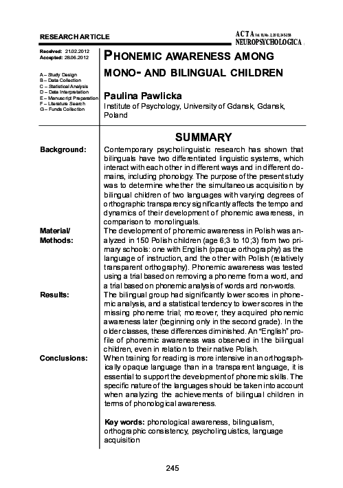 (PDF) Phonemic Awareness Among Mono- and Bilingual Children