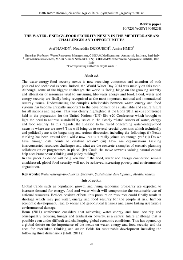 (PDF) The water - energy - food security nexus in the Mediterranean ...