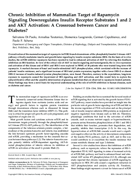 (PDF) Chronic inhibition of mammalian target of rapamycin signaling ...