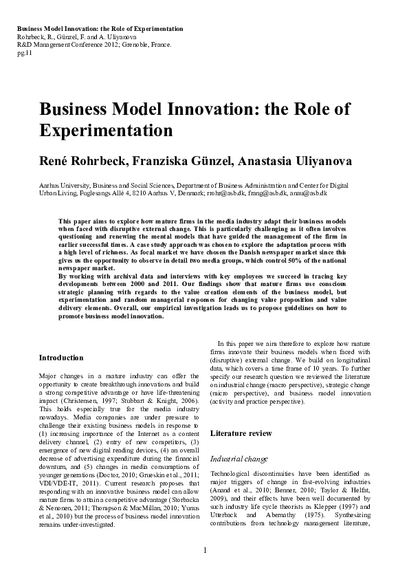 (PDF) Business Model Innovation: The Role of Experimentation
