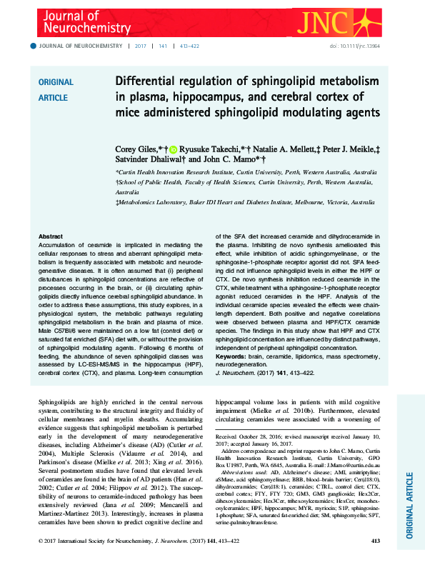 (PDF) Differential regulation of sphingolipid metabolism in plasma ...