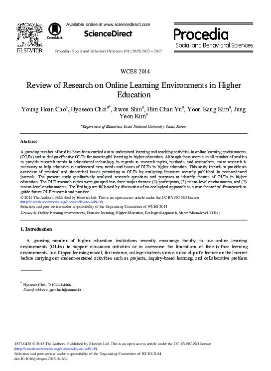 (PDF) Review of Research on Online Learning Environments in Higher ...