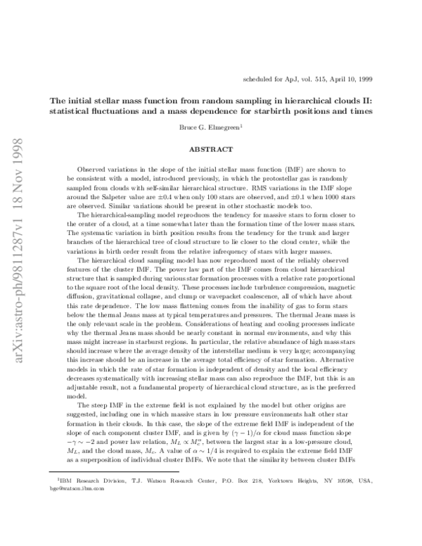 (PDF) The Initial Stellar Mass Function from Random Sampling in a ...