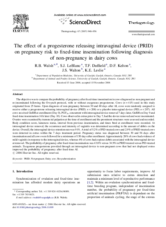 (PDF) The effect of a progesterone releasing intravaginal device (PRID ...