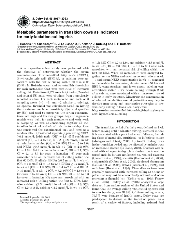 (PDF) Metabolic parameters in transition cows as indicators for early ...