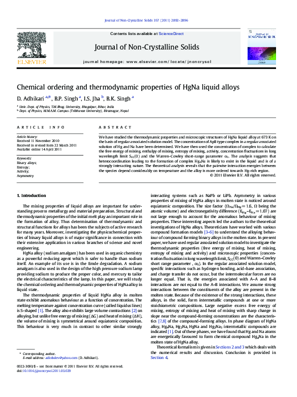 (PDF) Chemical ordering and thermodynamic properties of HgNa liquid alloys