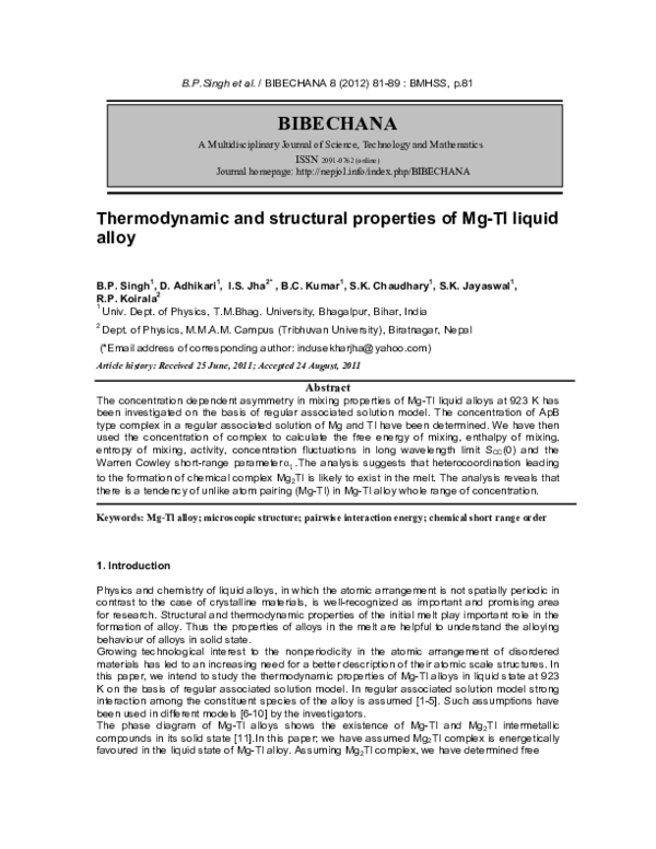 (PDF) Thermodynamic and structural properties of Mg-Tl liquid alloy