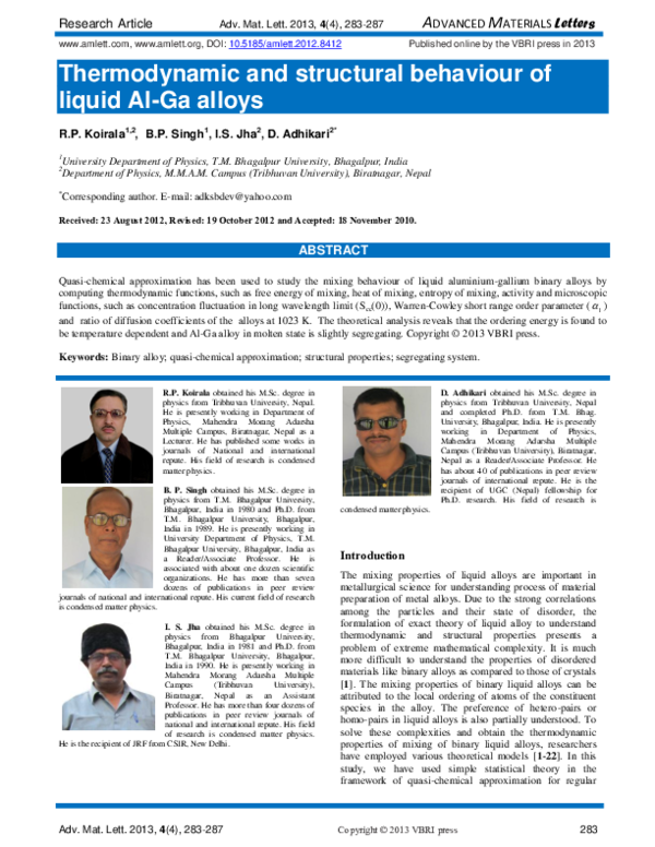(PDF) Thermodynamic and structural behaviour of liquid Al-Ga alloys