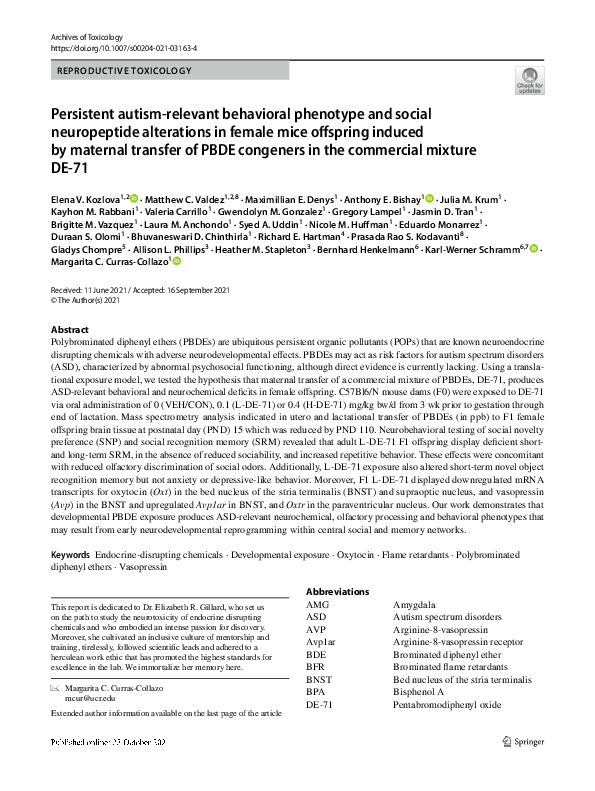 Persistent autism-relevant behavioral phenotype and social neuropeptide alterations in female mice offspring induced by maternal transfer of PBDE congeners in the commercial mixture DE-71