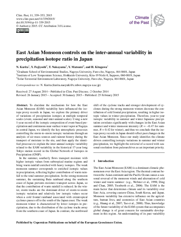 (PDF) East Asian Monsoon controls on the inter-annual variability in ...