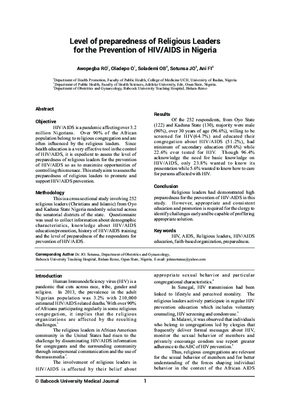 (PDF) Level of preparedness of Religious Leaders for the Prevention of ...