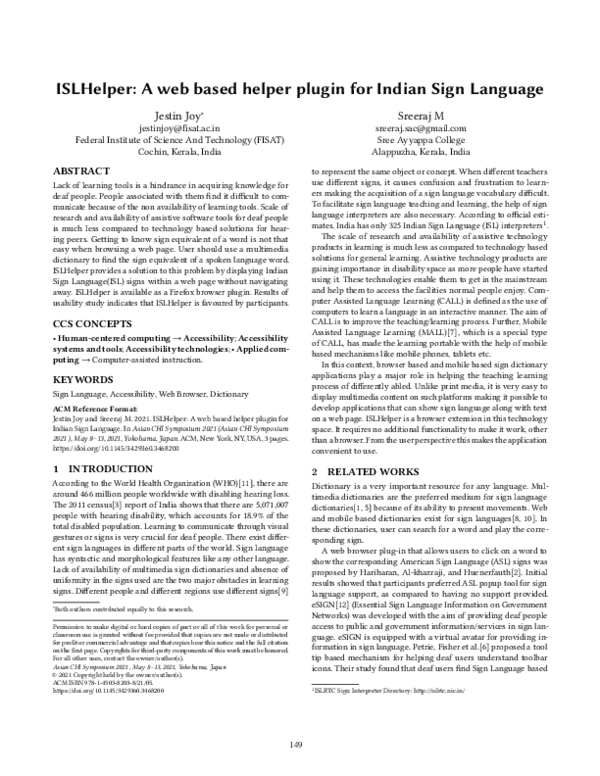 (PDF) ISLHelper: A web based helper plugin for Indian Sign Language