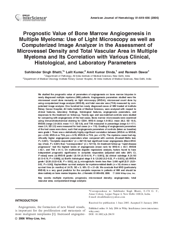 (PDF) Prognostic value of bone marrow angiogenesis in multiple myeloma ...
