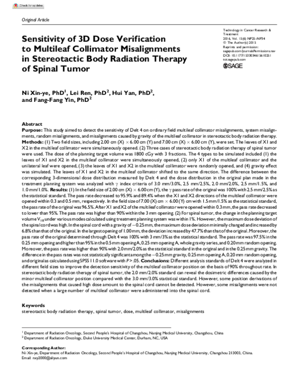 (PDF) Sensitivity of 3D Dose Verification to Multileaf Collimator ...