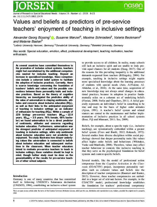 (PDF) Values and beliefs as predictors of pre‐service teachers ...