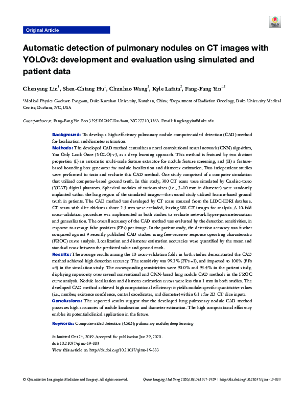 (PDF) Automatic detection of pulmonary nodules on CT images with YOLOv3 ...
