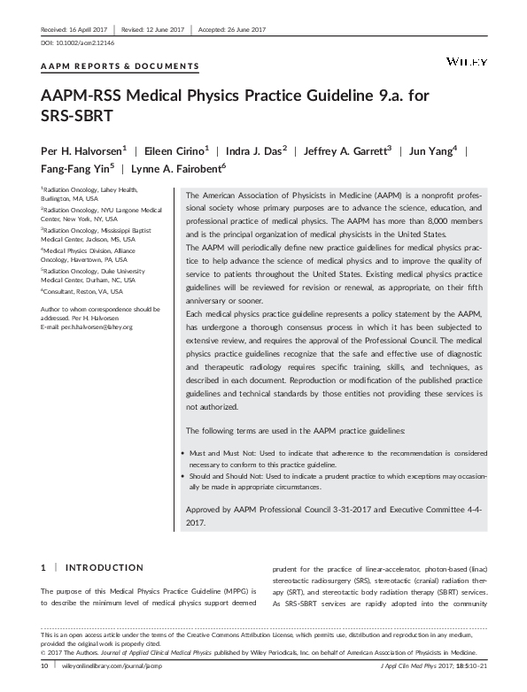 (PDF) AAPM-RSS Medical Physics Practice Guideline 9.a. for SRS-SBRT
