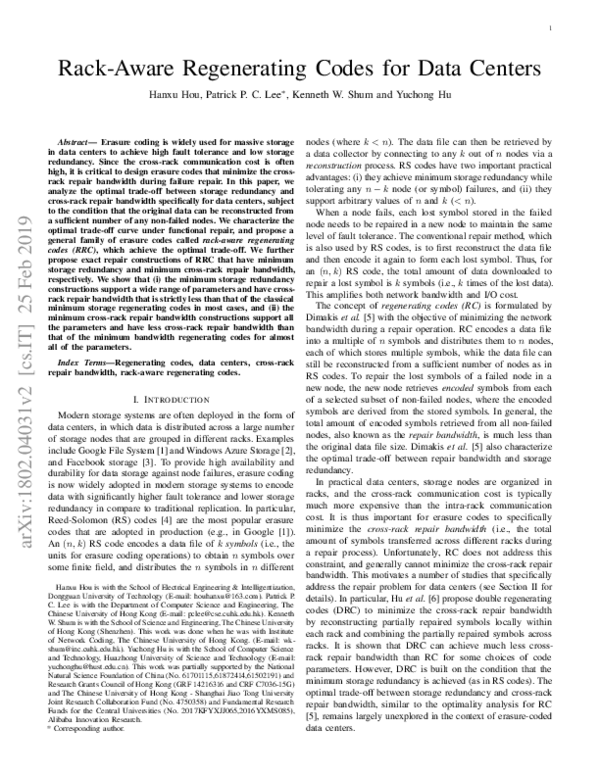 (PDF) Rack-Aware Regenerating Codes for Data Centers