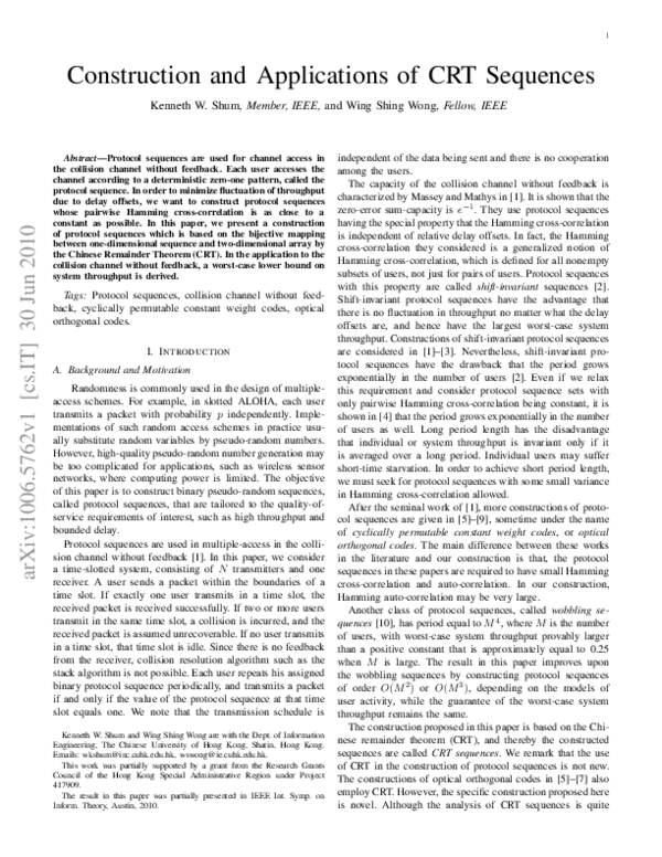 (PDF) Construction and Applications of CRT Sequences