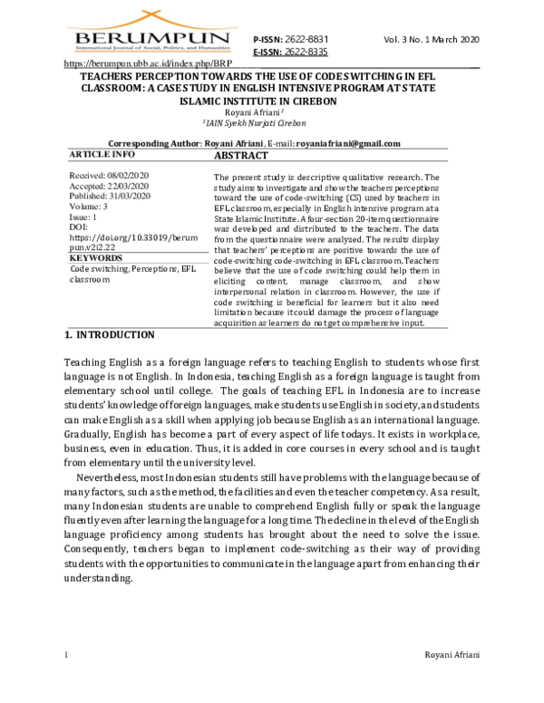 (PDF) Teacher Perception Towards the Use of Code Switching in Efl ...