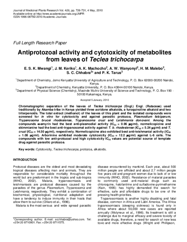 (PDF) Antiprotozoal activity and cytotoxicity of metabolites from ...