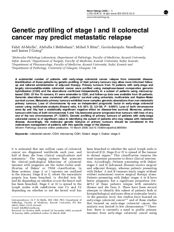 (PDF) Genetic profiling of stage I and II colorectal cancer may predict ...