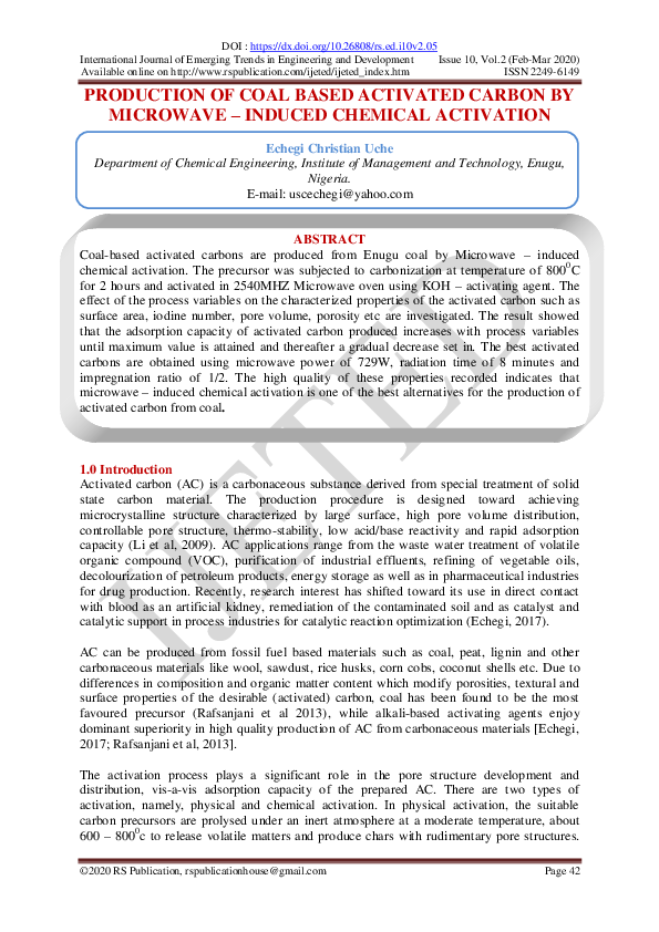 (PDF) Production of Coal Based Activated Carbon by Microwave – Induced ...