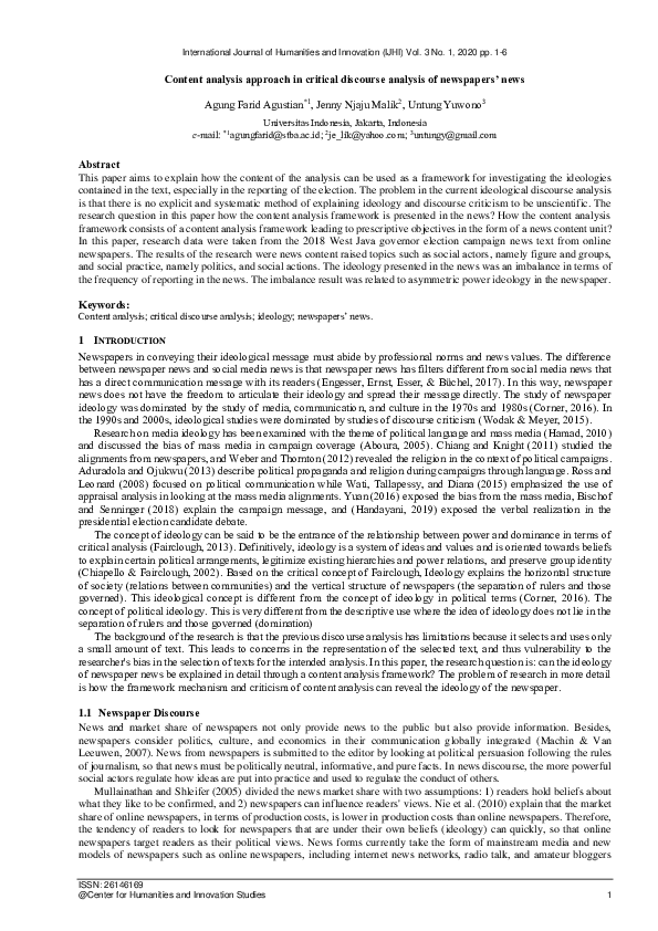(PDF) Content Analysis Approach in Discourse Analysis of News Newspapers