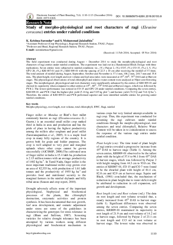 (PDF) Study of morpho-physiological and root characters of ragi ...