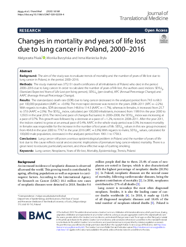 (PDF) Changes in mortality and years of life lost due to lung cancer in ...