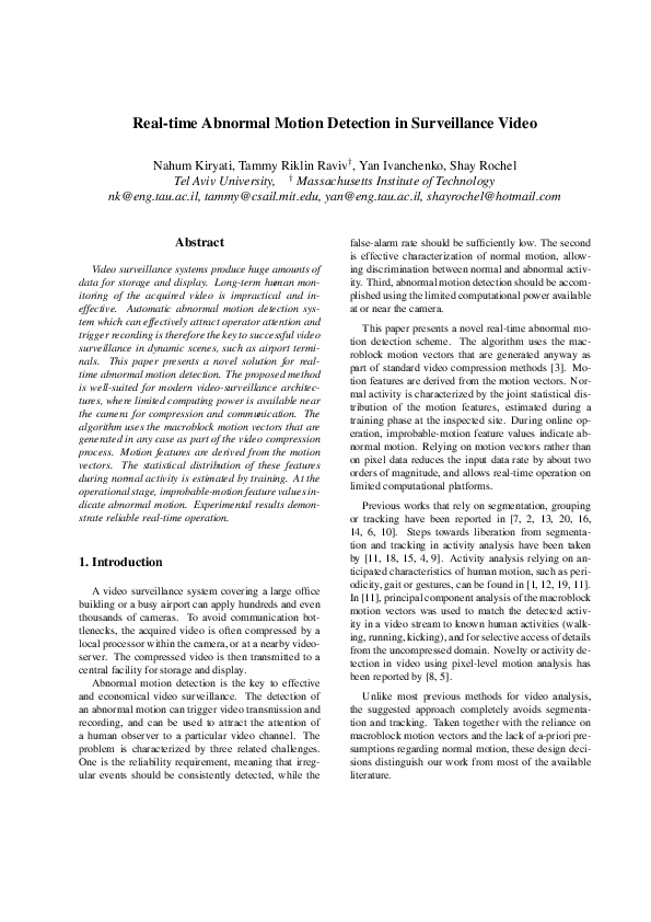 (PDF) Real-time abnormal motion detection in surveillance video