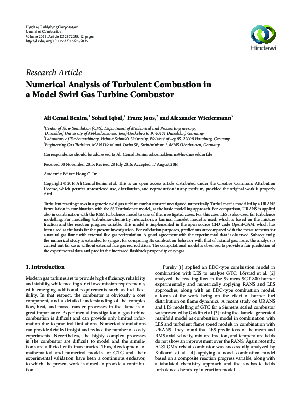 (PDF) Numerical Analysis of Turbulent Combustion in a Model Swirl Gas ...