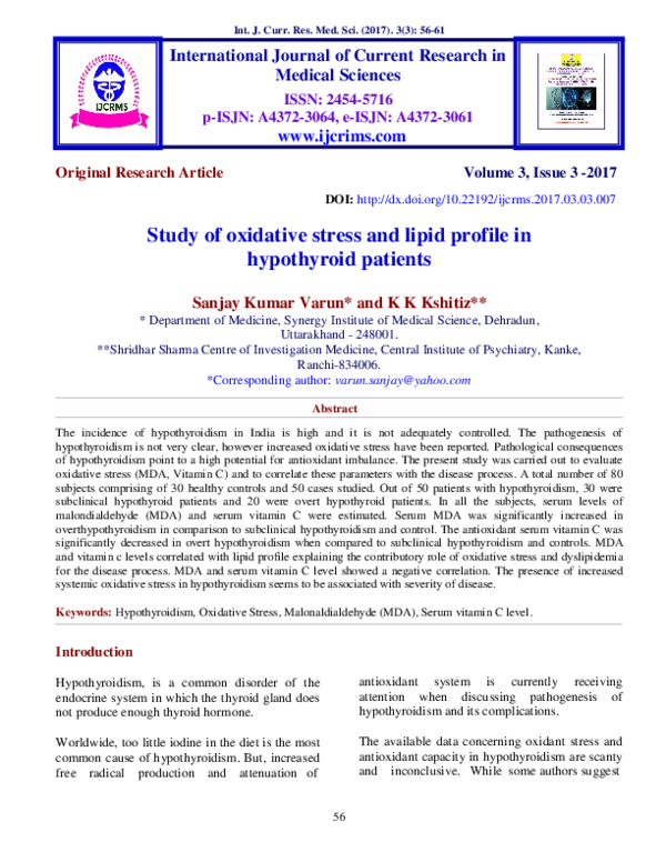 (PDF) Study of oxidative stress and lipid profile in hypothyroid patients