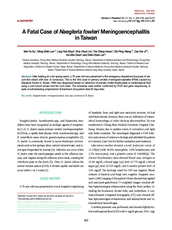 (PDF) A Fatal Case of Naegleria fowleri Meningoencephalitis in Taiwan