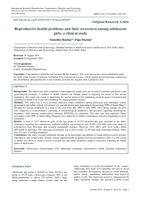 (PDF) Reproductive health problems and their awareness among adolescent ...