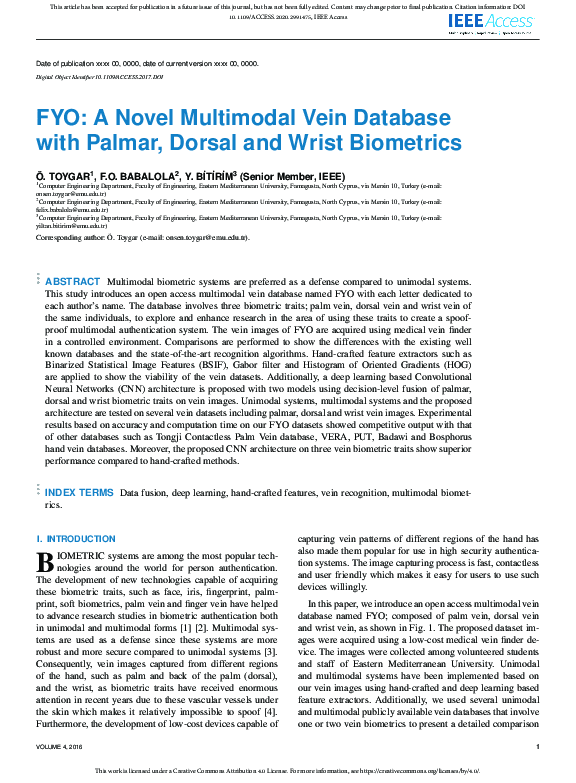(PDF) FYO: A Novel Multimodal Vein Database with Palmar, Dorsal and ...