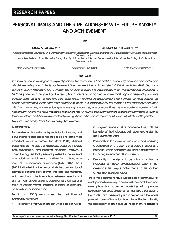(PDF) Personal Traits and Their Relationship with Future Anxiety and ...