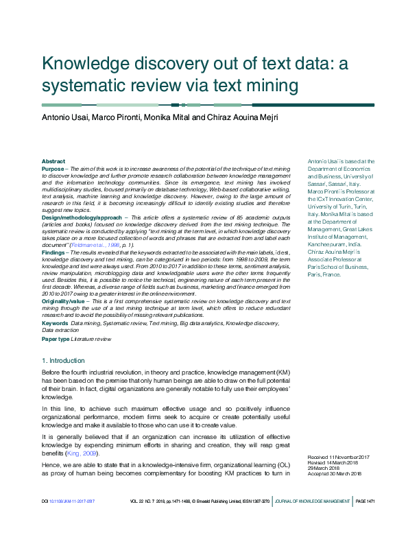 (PDF) Knowledge discovery out of text data: a systematic review via ...