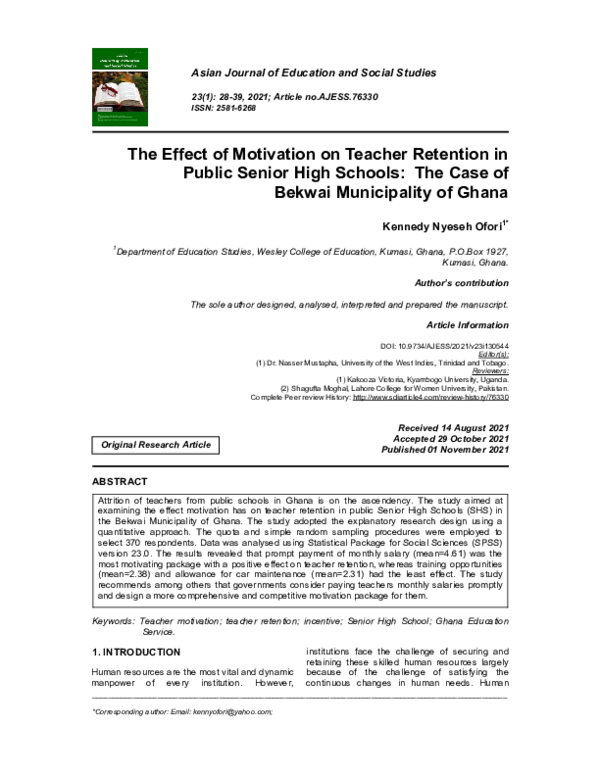 (PDF) The Effect of Motivation on Teacher Retention in Public Senior ...