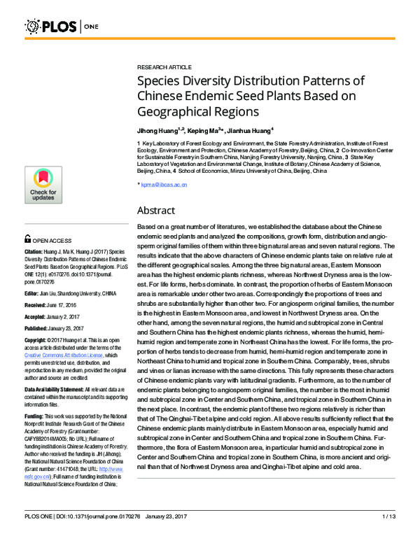 (PDF) Species Diversity Distribution Patterns of Chinese Endemic Seed ...