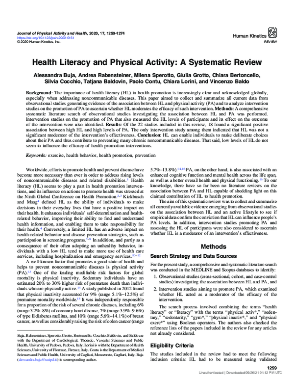 (PDF) Health Literacy and Physical Activity: A Systematic Review