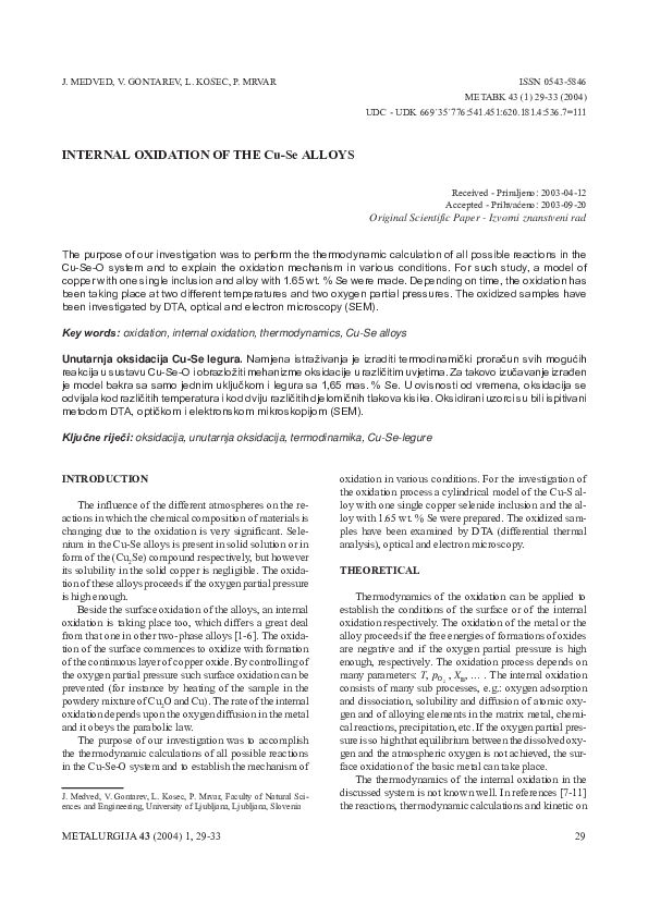 (PDF) INTERNAL OXIDATION OF THE Cu-Se ALLOYS