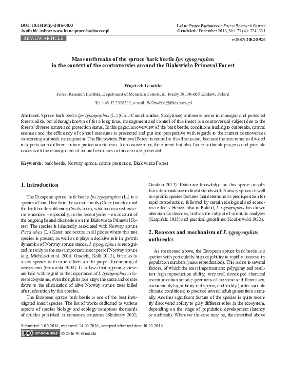 (PDF) Mass outbreaks of the spruce bark beetle Ips typographus in the ...
