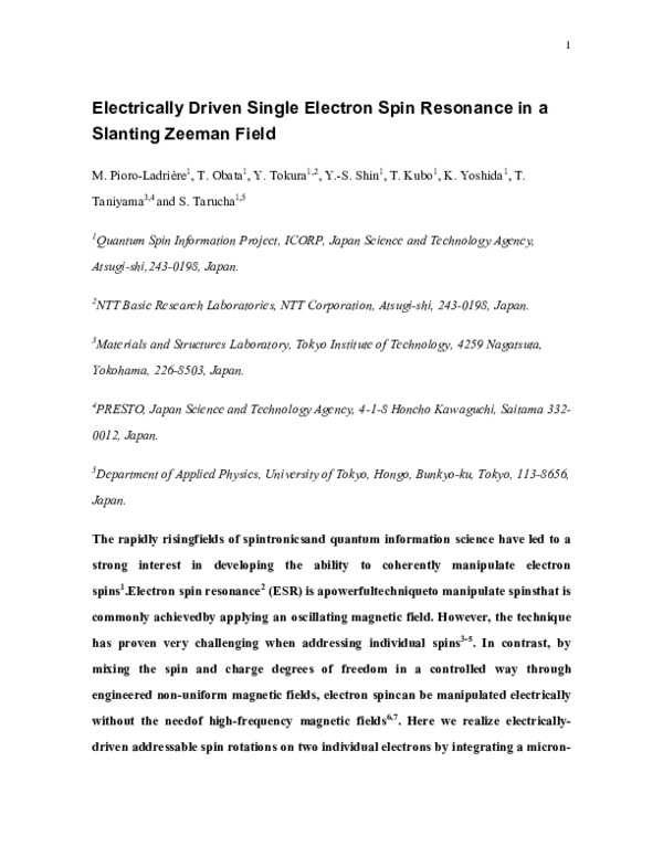 (PDF) Electrically driven single-electron spin resonance in a slanting ...