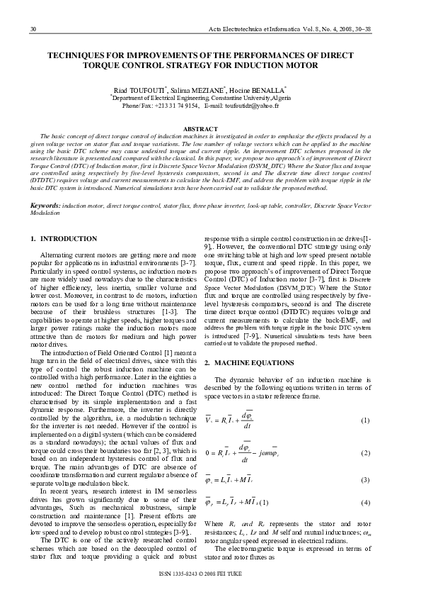 (PDF) Techniques for Improvements of the Performances of Direct Torque ...
