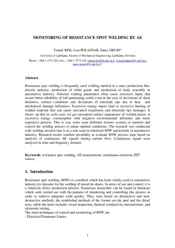 (PDF) Monitoring of Resistance Spot Welding by Ae
