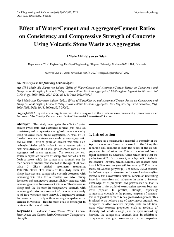 (PDF) Effect of Water/Cement and Aggregate/Cement Ratios on Consistency ...