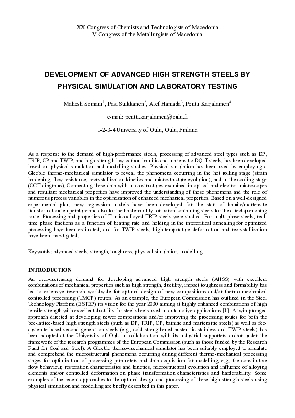 (PDF) Development of Advanced High Strength Steels by Physical ...
