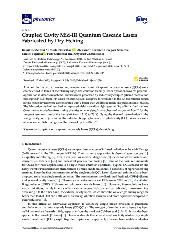 (PDF) Coupled Cavity Mid-IR Quantum Cascade Lasers Fabricated by Dry ...